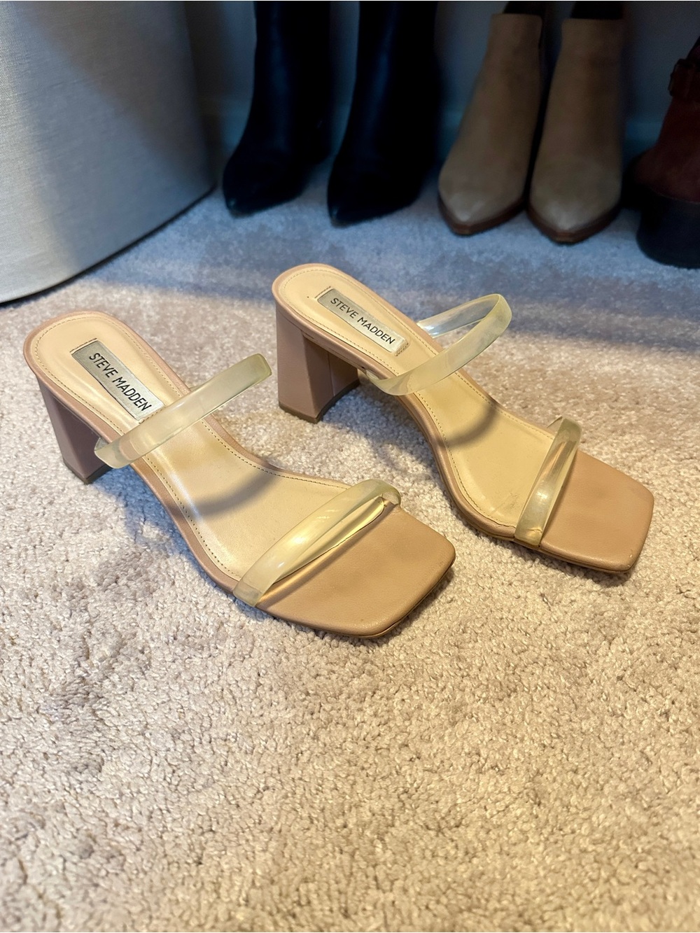 Steve Madden Lilian Nude Block Heel Mules with Clear Straps